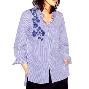 Zara embroidered button down pin striped shirt